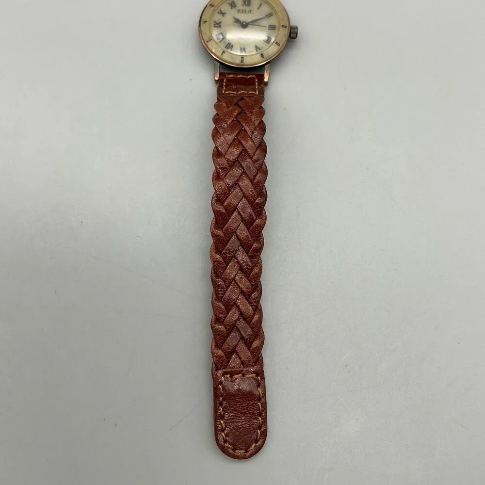 Relic Womens Watch 25mm Gray Dial Gold Tone Brown Braided Leather New Battery